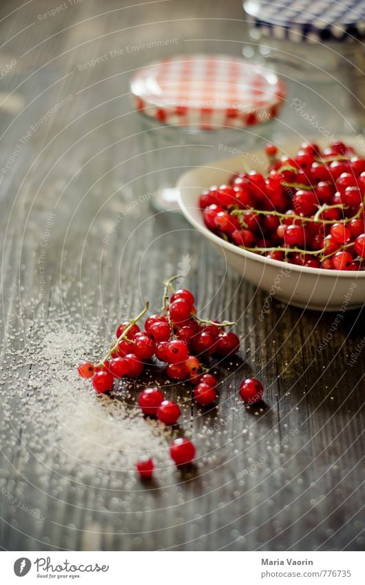 preparation Food Fruit Jam Nutrition Breakfast Bowl Healthy Juicy Sweet Red Redcurrant Berries Jam jar screwed glass jam sugar Sugar Wooden table Self-made