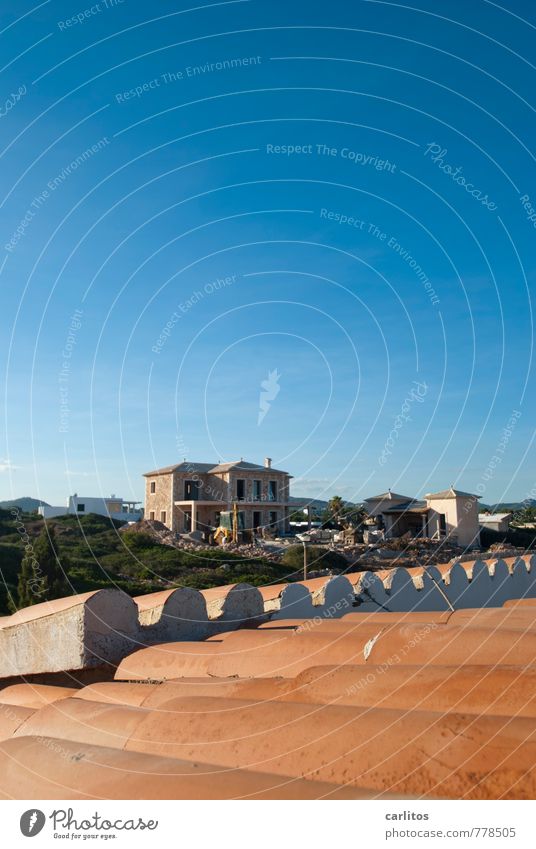 Above the roofs of ...... Cloudless sky Sunlight Summer Beautiful weather Warmth Bushes Detached house Dream house Manmade structures Build New building