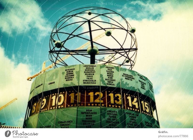 world time clock Berlin Alexanderplatz Architecture Clock Work of art World time clock Sky Lomography Crane Construction site Digits and numbers Landmark