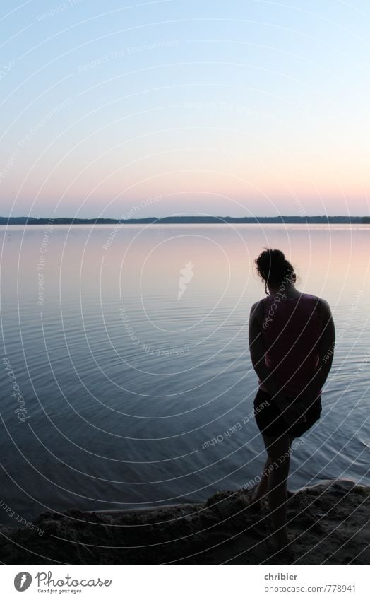 Sea.Young.Woman. Relaxation Calm Beach Young woman Youth (Young adults) Adults Life 1 Human being 18 - 30 years Water Sky Cloudless sky Horizon Sunrise Sunset