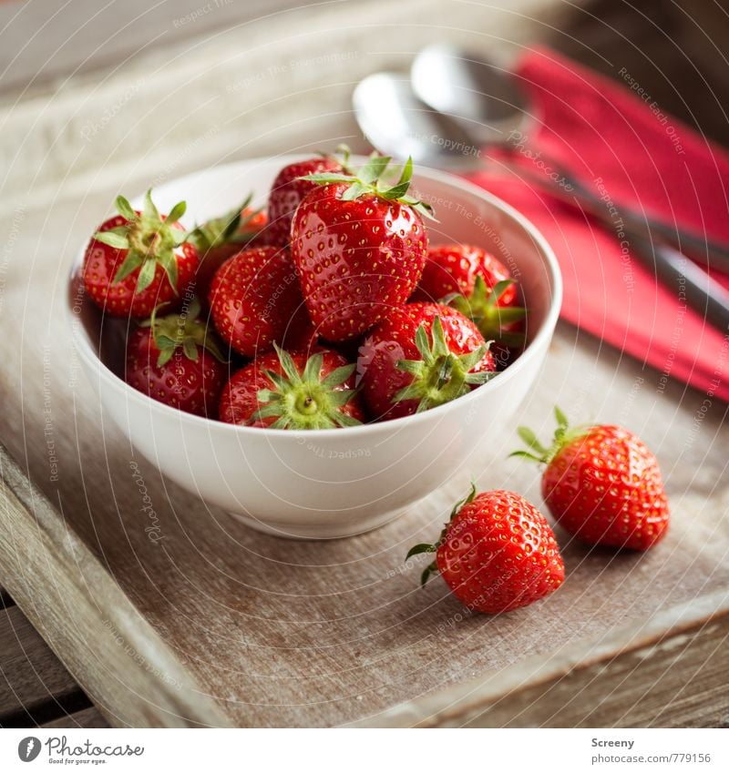 Strawberry #1 Food Fruit Nutrition Bowl Spoon Fresh Healthy Delicious Brown Red Silver To enjoy wooden tray Napkin Wooden table Colour photo Close-up Detail