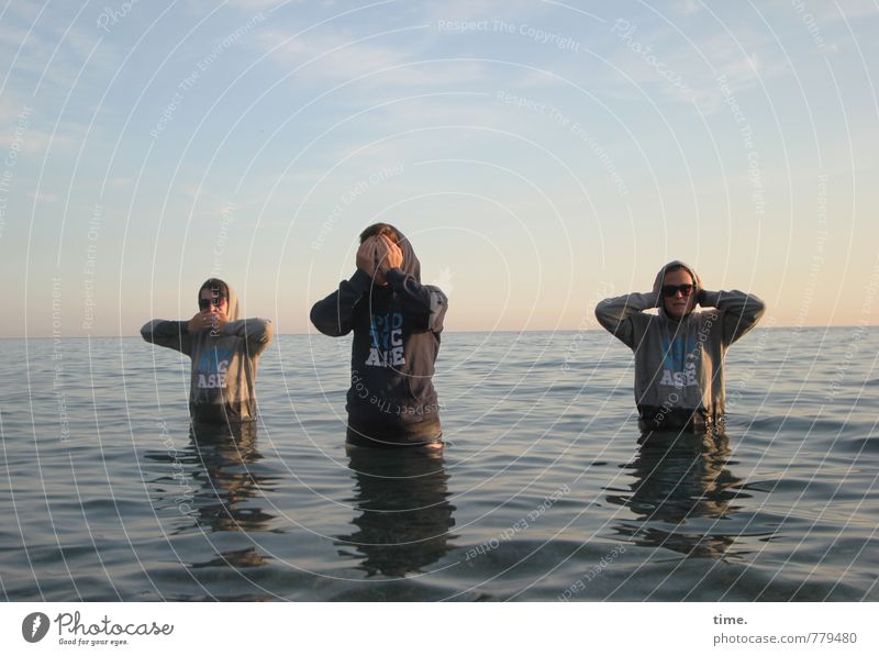 Group feeling | monkey spirit* Human being Feminine 3 Environment Water Beautiful weather Waves Coast Ocean Mediterranean sea T-shirt Sunglasses