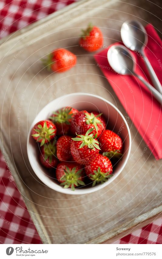 Strawberry #3 Food Fruit Nutrition Bowl Spoon Tablecloth Fresh Healthy Delicious Brown Red Silver White To enjoy Checkered Napkin wooden tray Colour photo