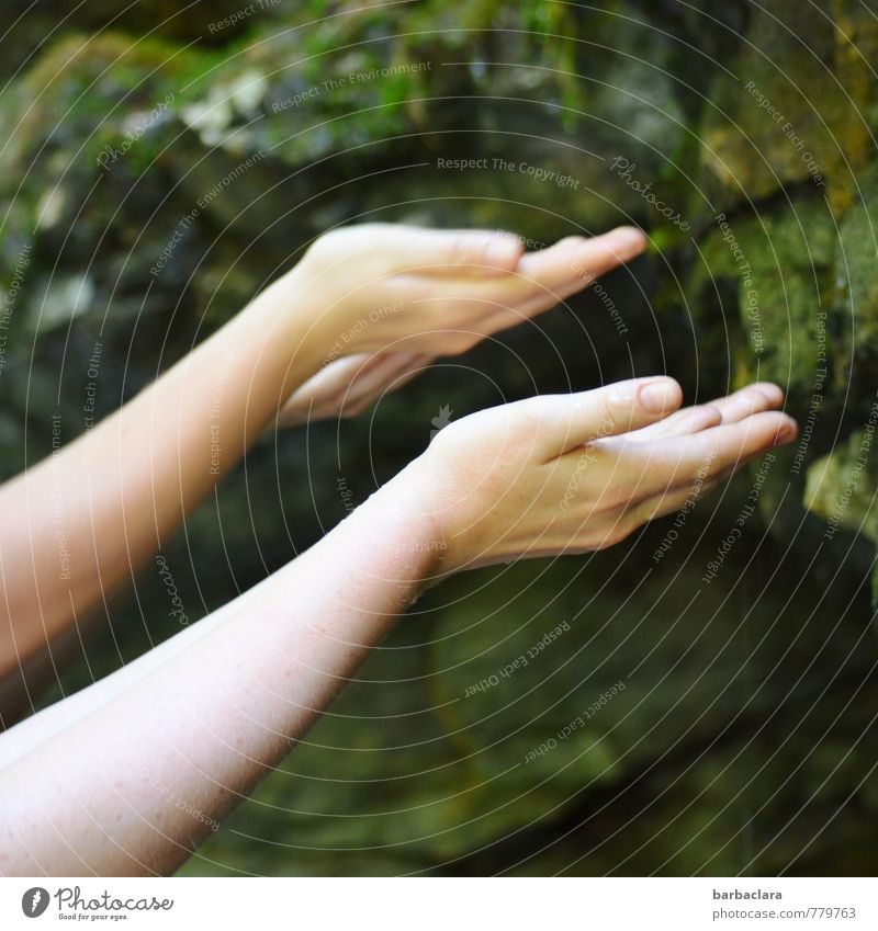 refreshment Feminine Arm Hand 2 Human being Water Drops of water Rock Canyon To hold on Fresh Cold Wet Emotions Contentment Climate Life Nature Senses