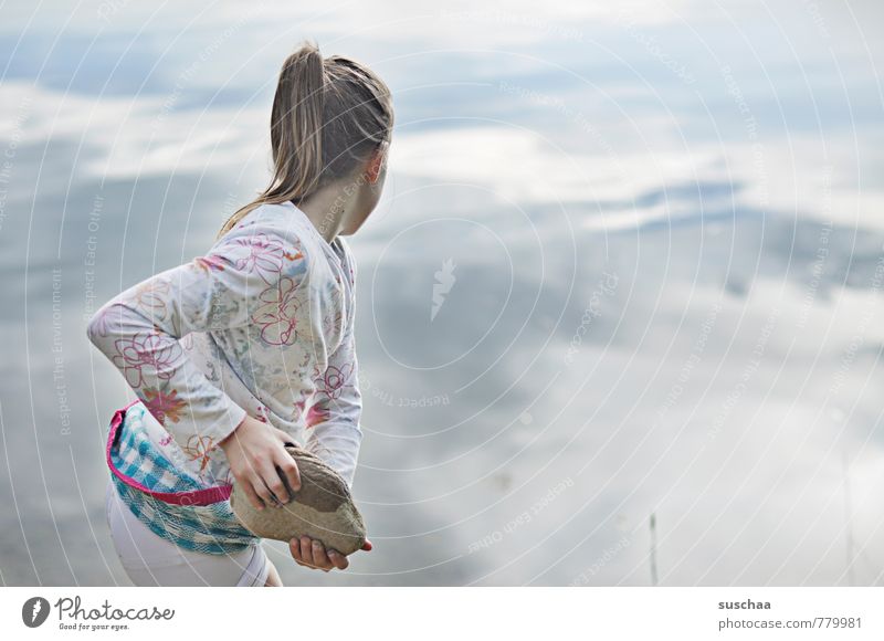 I'm going to splash your head. Feminine Child Girl Infancy Body Head Hair and hairstyles Arm Hand Fingers 1 Human being Water Summer Lakeside Pond Stone Throw