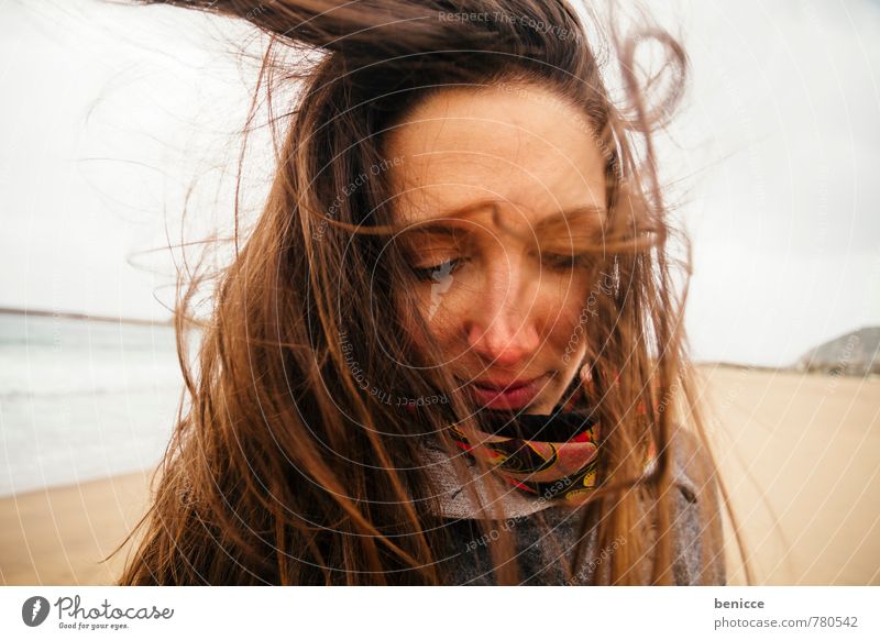 windy V Woman Human being Wind Hair and hairstyles European Caucasian Girl Winter Autumn Coat Beach Sandy beach Ocean Blown away Brunette Italy Water Sardinia