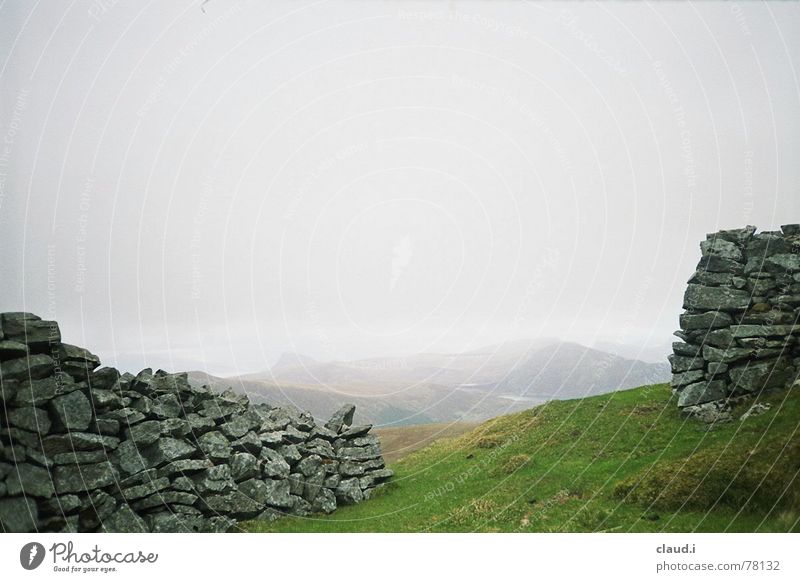 Western Norway Stone wall Fog Coast Loneliness Far-off places Meadow Cold Hill Deserted Exterior shot