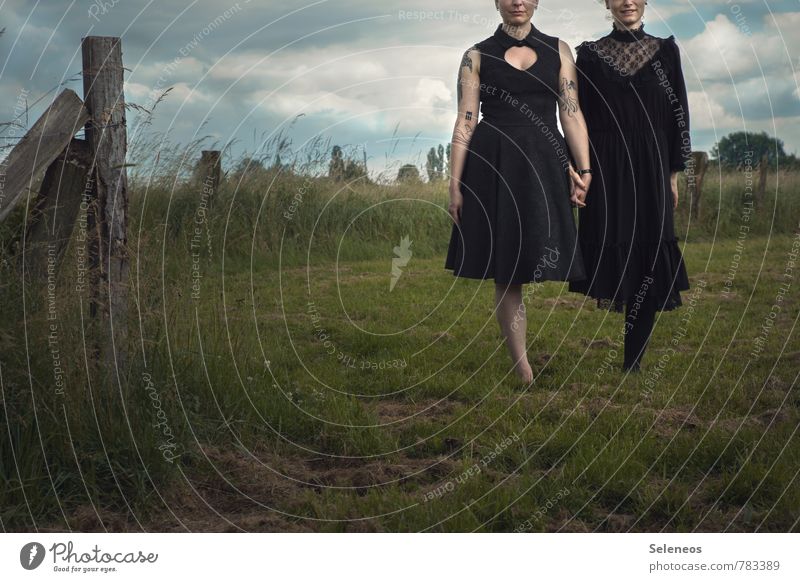 stand Summer Human being Feminine Woman Adults Arm Hand Legs 2 Environment Nature Landscape Sky Clouds Grass Meadow Field Dress Tattoo Together Infinity