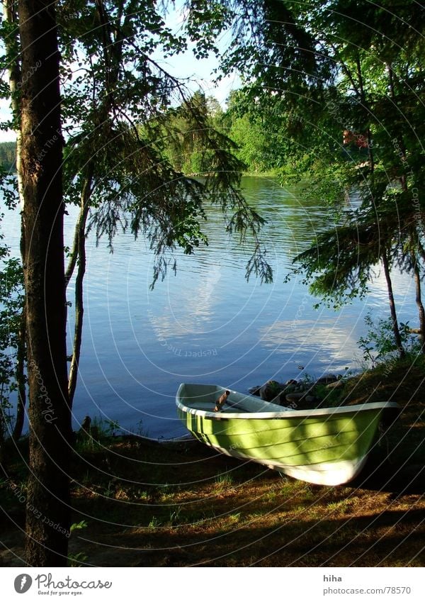 Are we going?    - Boat at the lake Lake Watercraft Fishing boat Finland Forest beach Iisalmi Lakeside niemisenranta green boat boat at the lake