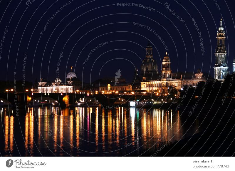 Dresden at night Colour photo Multicoloured Exterior shot Deserted Evening Night Reflection Long exposure Low-key Tourism Sightseeing City trip Cruise