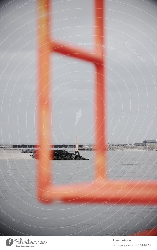 Insight. Vacation & Travel Environment Water Sky North Sea Denmark Metal Looking Esthetic Gray Orange Calm Mole Rung pier light Colour photo Exterior shot