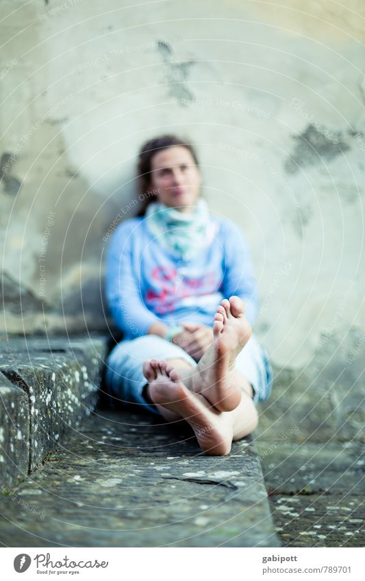 young woman with bare feet sits on stairs Vacation & Travel Tourism Human being Feminine Woman Adults Life Feet 1 Summer Old town Stairs Sit Wait Blue