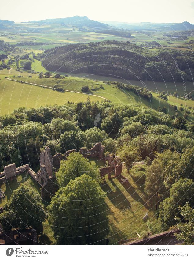 Shadows of the past Environment Nature Landscape Summer Beautiful weather Tree Meadow Field Forest Hill Mountain Castle Ruin Manmade structures Building