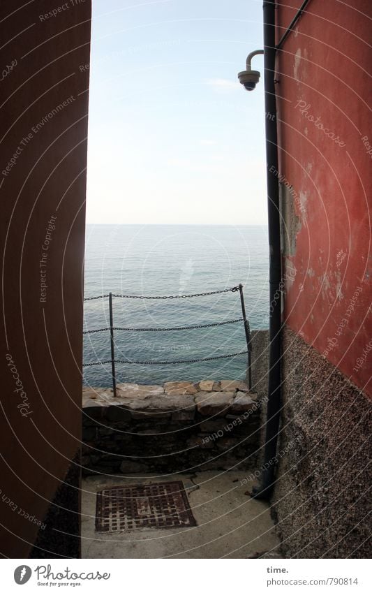 strait Water Sky Horizon Beautiful weather Ocean Mediterranean sea camiogli Small Town Outskirts House (Residential Structure) Old building Wall (barrier)