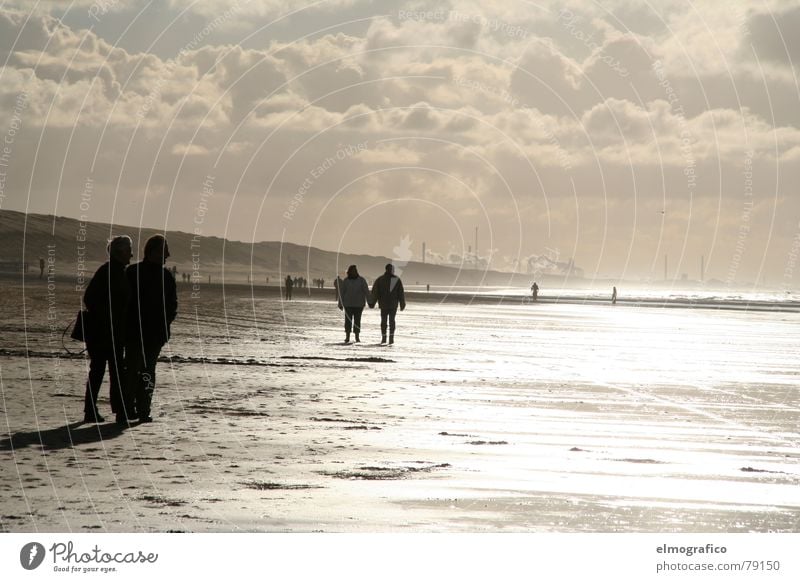 Flood of light at low tide Far-off places Freedom Beach Hiking Human being Couple Adults Environment Landscape Sand Water Autumn Climate Climate change Weather