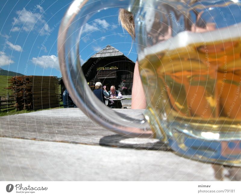 finally noon Beer Foam Blonde Austria Hiking Break Table White crest Lunch hour Mountain meadow Summer Vacation & Travel Beer glass Clouds cirrostratus clouds