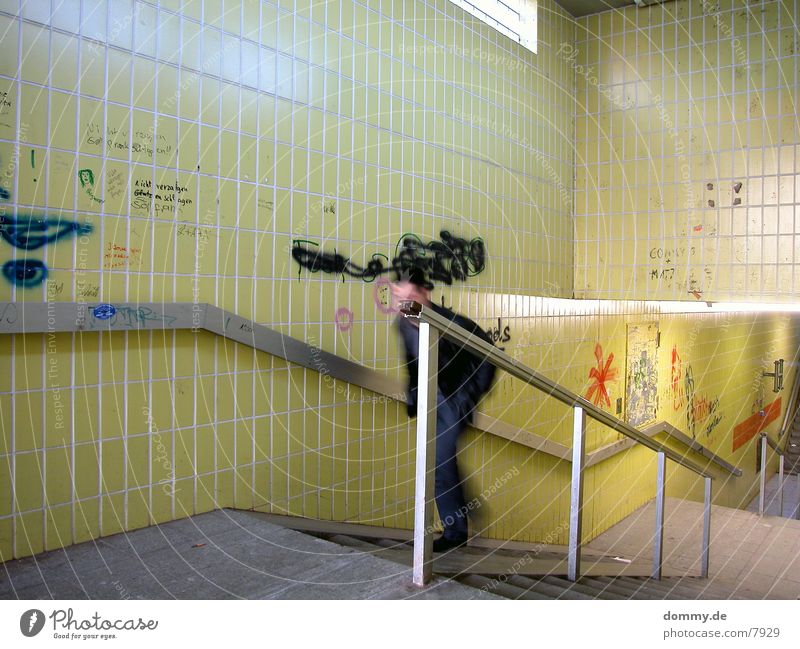 Underground II Subsoil Yellow Neon light Light Long exposure Underpass Stairs Handrail kaz