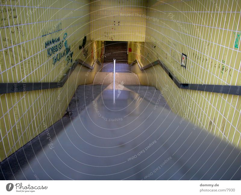 Underground III Subsoil Yellow Neon light Light Long exposure Underpass Stairs Handrail kaz