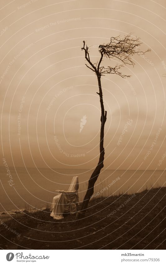 tristesse of a deckchair Cliff Veil of cloud Chained up Bad weather Deckchair Ocean Coast Connectedness Loneliness Slope Edge Beach Longing Calm Grief Dreary