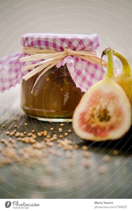 fig mustard Food Fruit Jam Nutrition Fresh Delicious Sweet Fig Mustard Jam jar Preserving jar Mustard seed Rustic Wooden table Self-made Colour photo