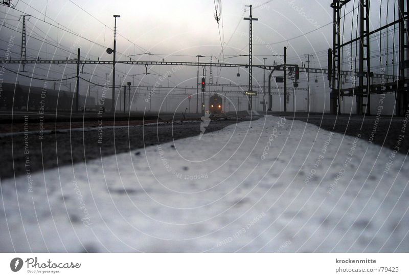 draft round Come Sargans Railroad Highway ramp (entrance) Switzerland Cold Winter Worm's-eye view Electricity Transport Railroad tracks Fog Morning Station