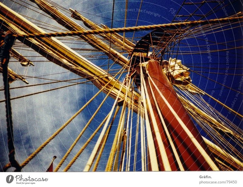 On sailors Rope Yardarm Rigging Watercraft Clouds Sailing Longing Ocean Berth Sky Light Jetty Harbour Lomography Playing hansa sail line Sheet Electricity pylon