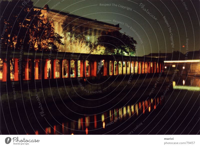 The red colonnades Red Night Speed Reflection Light Commuter trains Spree Museum island Dark Berlin Arcade River Germany Water Shadow Column Contrast