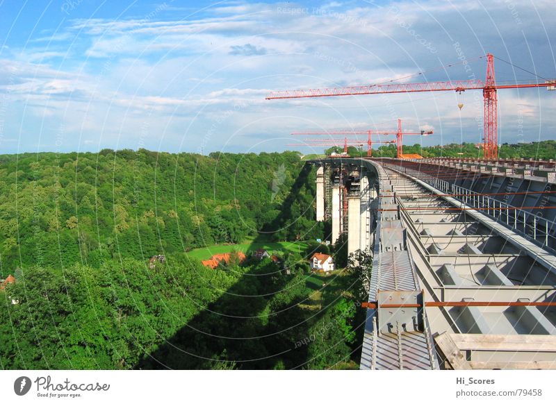 Lockwitztal bridge of the A17 in the making Crane Highway Forest Environment Steel Concrete Transport Traffic lane Construction steel Dresden Bridge Valley