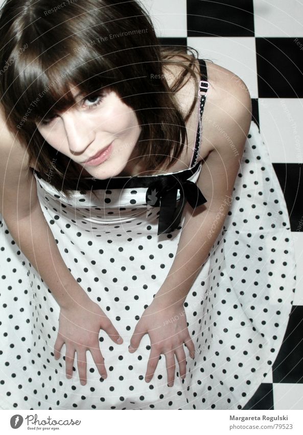 dots Woman Dress Retro Bow Bird's-eye view Point Black & white photo 80´