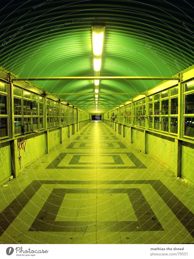 always straight ahead Square Neon light Late Window Light Loneliness Symmetry Pattern Dark Dangerous Vanishing point Night Green Right ahead Tunnel vision