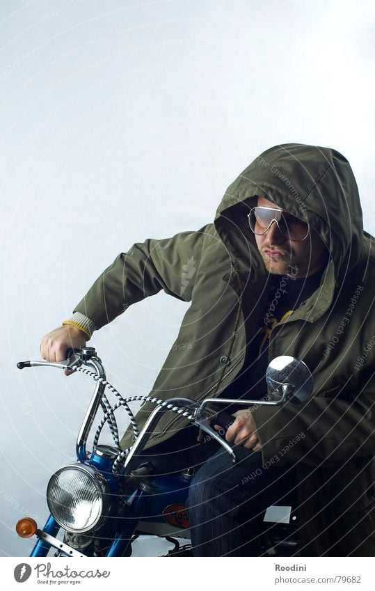 moped-gang on the way Scooter Driver Iconic Rear view mirror Motorcycle Driving Coat Hooded (clothing) Eyeglasses Sunglasses Motorcyclist Floodlight