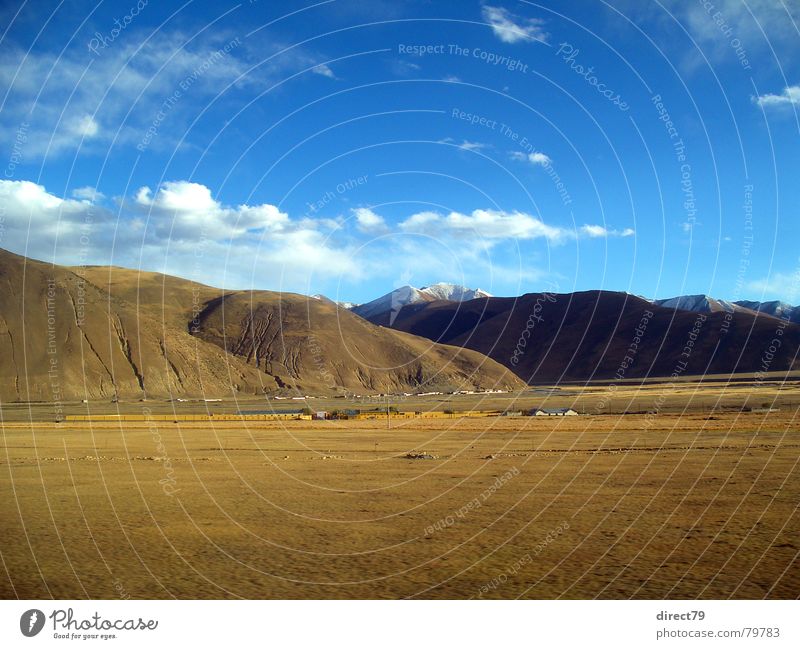 Himalayas Tibet Railroad tracks Sparse High plain Mountain ridge China Mountain range Lacking Asia Colour Tibet Railway scantily Landscape Blue sky