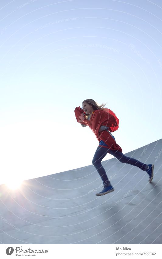 supergirl VII Feminine Girl Beautiful weather Building Long-haired Red Joy Happy Happiness Contentment Joie de vivre (Vitality) Cloudless sky Manmade structures