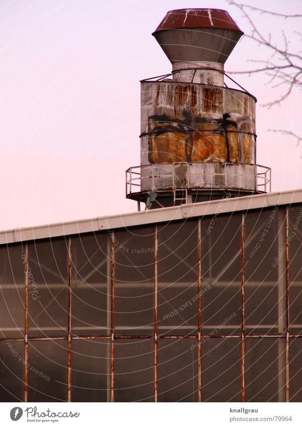 Rusty Industrial Stick out Gallery Bleached Crossbeam Useless Difference One-sidedness Pitch of the roof Graffiti Industrial plant Round Facade Window Twilight