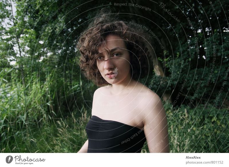 Portrait in the forest at the lake Trip Adventure Young woman Youth (Young adults) Hair and hairstyles Face Low neckline 18 - 30 years Adults Tree Bushes Forest