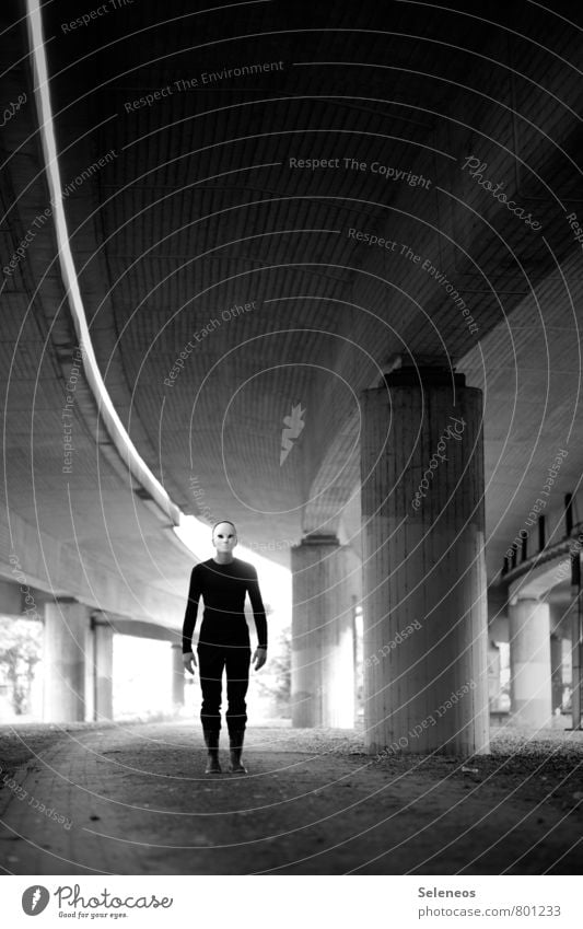 He's coming Human being Masculine Man Adults 1 Street Bridge Mask Stand Creepy Emotions Fear Dangerous Bridge pier Line Black & white photo Exterior shot