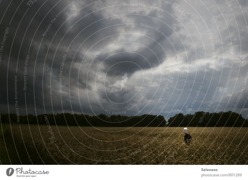 dark times Carnival Hallowe'en Human being 1 Sky Clouds Storm clouds Horizon Field Mask Creepy Fear Horror Dangerous Perturbed Colour photo Exterior shot