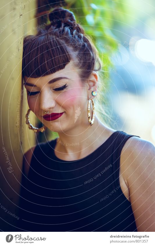 Thoughtful Feminine Young woman Youth (Young adults) Woman Adults 1 Human being Wall (barrier) Wall (building) Earring septum Nose ring Black-haired Brunette