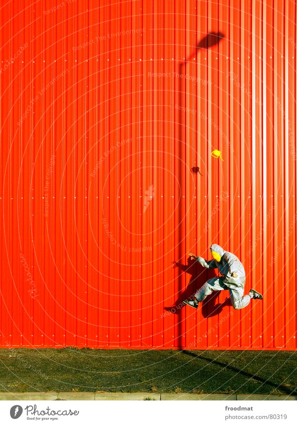 grau™ - before red with watering can Joy Art Artist Actor Culture Subculture Suit Mask Watering can Flying Jump Funny Crazy Yellow Gray Red Surrealism