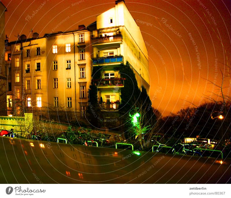 neighbor Awareness Night Long exposure House (Residential Structure) Town house (City: Block of flats) Balcony Window Story Staircase (Hallway) Parking lot