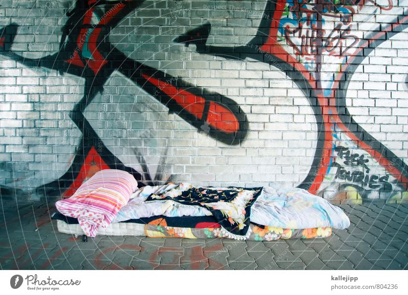 homeless person Town Living or residing Silver Homeless Bedclothes Sleep Mattress Duvet Pillow Ceiling Underpass Social Unemployment Bridge Under a bridge