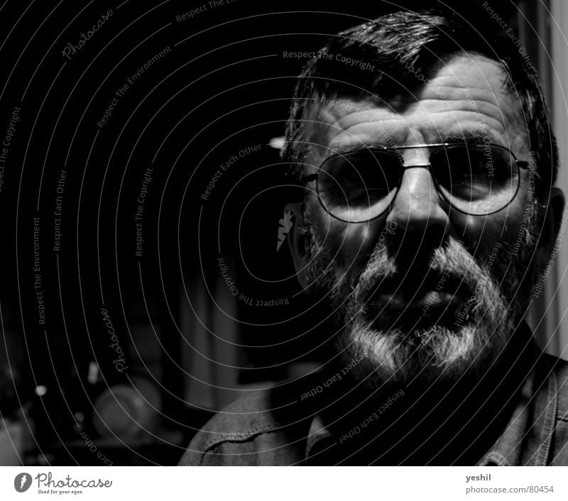 The Philosopher Merciless Dark Eyeglasses Facial hair Wisdom Think Smart Man Beard Shirt Black Forehead Light Glass Fear Perspective Black & white photo Panic