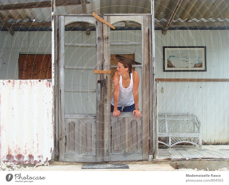 Terrace with view Design Redecorate Feminine Young woman Youth (Young adults) 1 Human being Fishing village Ruin Door Looking Old Broken Brown White Decline