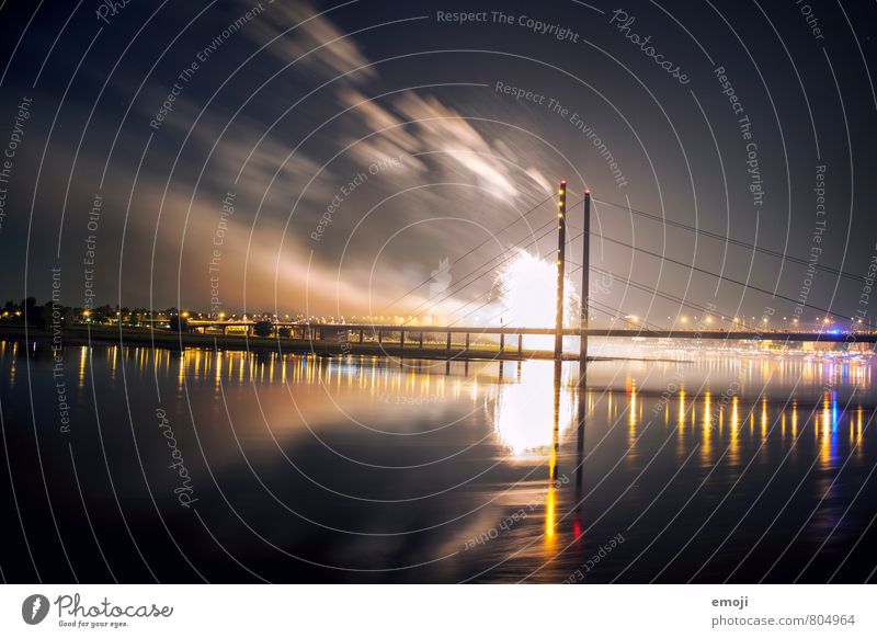 Düsseldorf Water Sky River bank Town Bridge Threat Dark Firecracker Explosion Duesseldorf Colour photo Exterior shot Deserted Night Light (Natural Phenomenon)