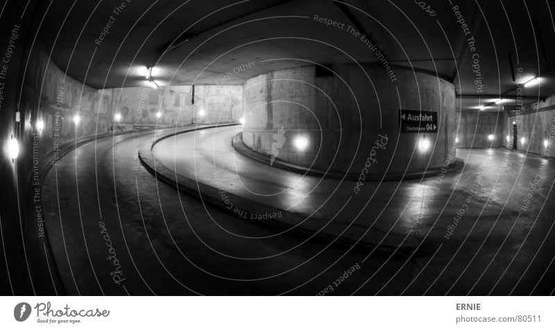 Cologne Underground 2 Deep Garage Underground garage Parking garage Night Light Neon light Concrete Column Lamp Steel Black Curved Fisheye Monochrome