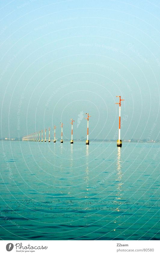 Standing still Vantage point Far-off places Orientation Waterway Ocean Drop anchor Watercraft Transport Italy Venice Green Wet Sky Light mast Line Looking