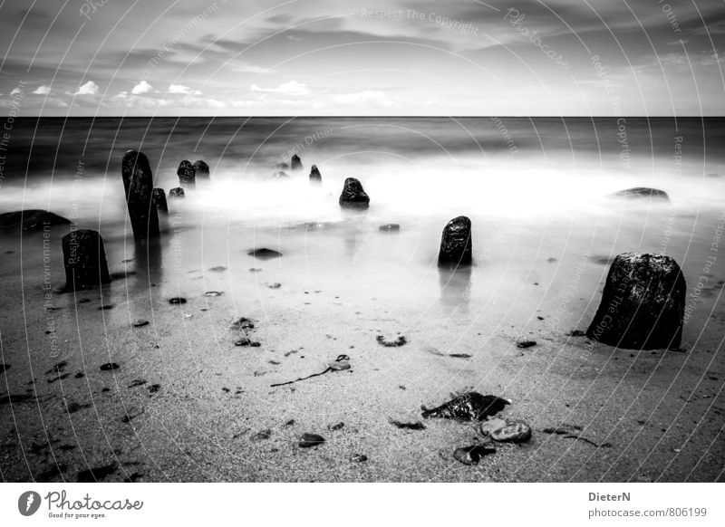 beach Landscape Sand Water Sky Clouds Horizon Gray Black White Ocean Beach Break water Stone Baltic Sea Black & white photo Deserted Copy Space top