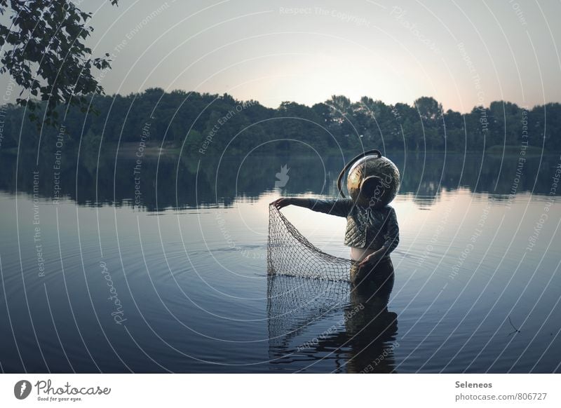 diving course Adventure Human being 1 Environment Nature Water Cloudless sky Horizon Sunrise Sunset coast Lakeside Pond Helmet Net Swimming & Bathing Dive Wet