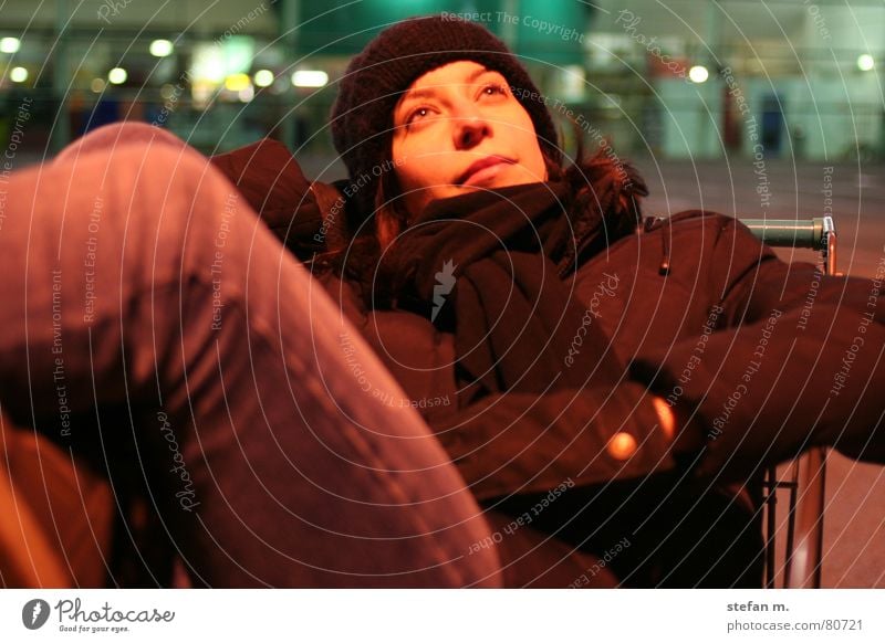 shop... Lean Shopping Trolley Night Parking lot Supermarket Light Cozy Woman Cold Relaxation Calm Slumber Pleasant Young woman Doze Shopping center Human being