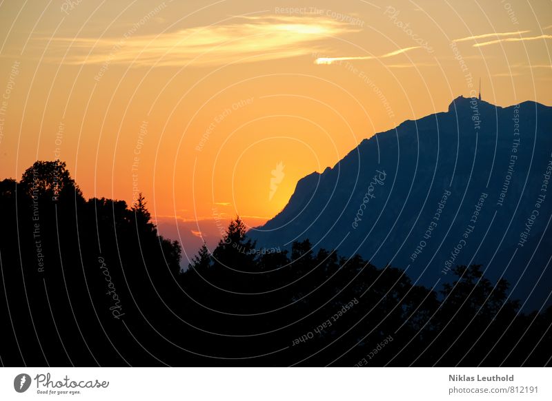 mountain lights Environment Nature Landscape Sky Clouds Sun Sunrise Sunset Sunlight Summer Weather Beautiful weather Tree Alps Mountain Deserted Observe